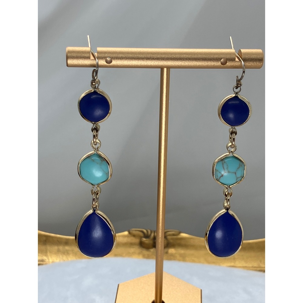 Gold Tone Blue and Turquoise Faux Stone Triple Drop Dangle Earrings Boho Luxury